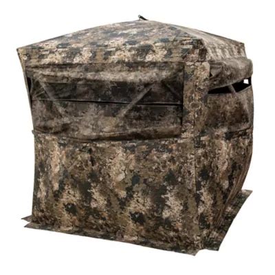  Product Details. You and your hunting partner can use the treeline 2-Person Spring Steel Deer Blind for effective hunting. With 3 panoramic windows and 3 shoot-through windows, this ground blind ensures you have good views at all times. The Veil Camo Wideland pattern and silent window sliders help you go undetected, while the zippered door ... 